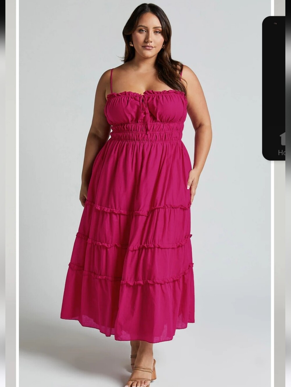 Showpo Natural Fibres Hot Pink Smocked Tiered Midi Dress W/ Spaghetti Straps 14
